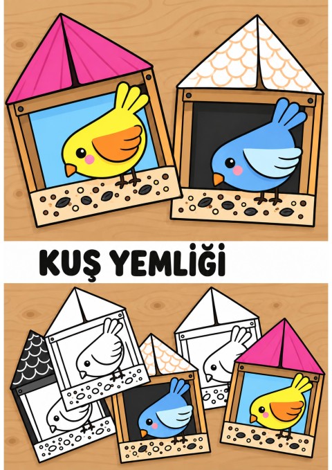 Bird Feeder Craft Activity with Colored Birds and Houses