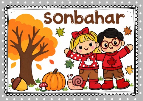 Sonbahar Eğitici Kartı: Sonbahar Temalı Çocuk Karakterleri ve Doğa Öğeleri