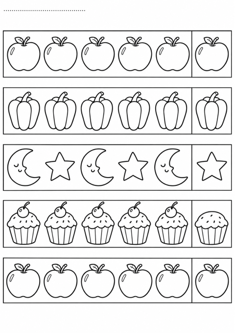 Eğitici Materyalde Meyveler, Sebzeler ve Şekillerin Tanıtımı: Elmalar (5 adet), Dolmalık Biberler (5 adet), Yıldızlar ve Aylar (5 adet), Cupcake (5 adet)
