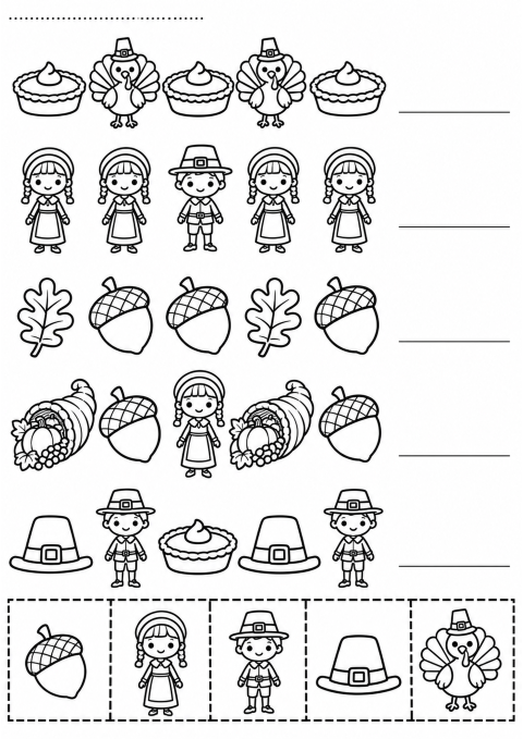 Thanksgiving Learning Worksheet: Counting and Identification with Pilgrims, Turkeys, and Nature Items