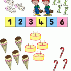 Eğlenceli Sayılar ve Şekiller: 1 (Bir) Bebek, 2 (İki) Çocuk, 3 (Üç) Dışkılı Alien, 4 (Dört) Dondurma, 5 (Beş) Pasta, 6 (Altı) Şeker Kamışı