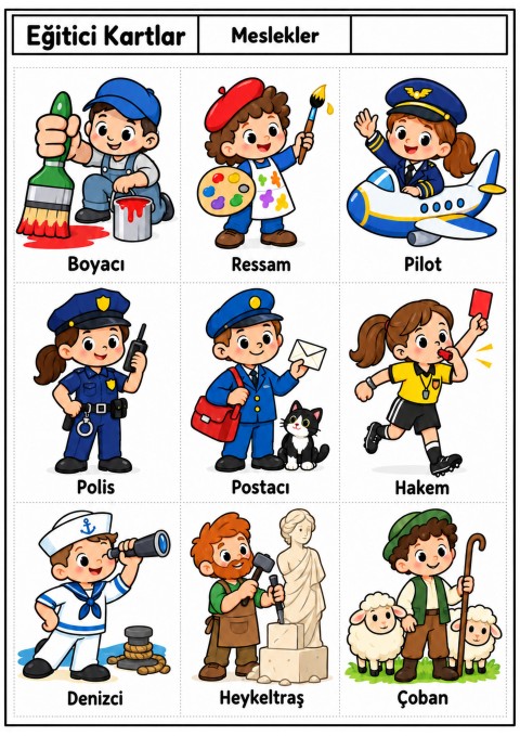 Eğitici Kartlar: Meslekler - 9 Farklı Meslek Tanıtımı (Boyacı, Ressam, Pilot, Polis, Postacı, Hakem, Denizci, Heykeltraş, Çoban)