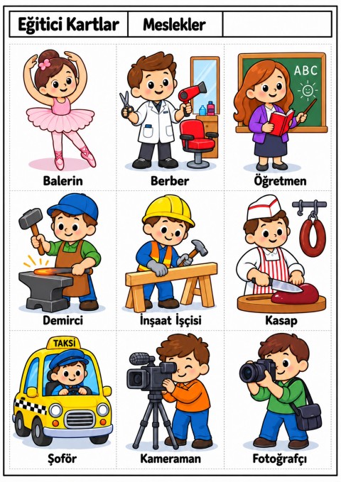 Eğitici Kartlar: Meslekler - Balerin, Berber, Barmen, Marangoz, İnşaat İşçisi, Kasap, Şoför, Kameraman, Fotografç