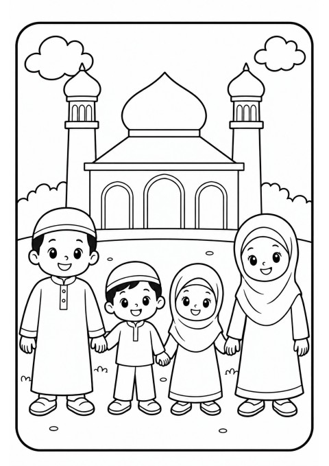 Eğitici Boyama Sayfası: Aile ve Camii Teması