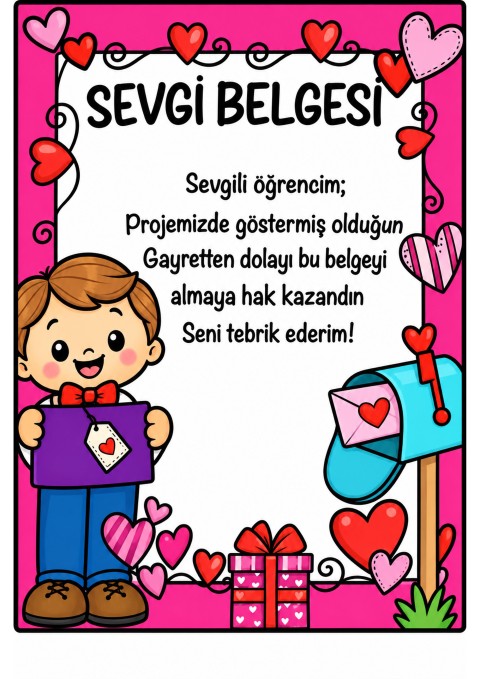 Sevgi Belgesi: Öğrenciler İçin Teşekkür Belgesi ve Sevgiyi Anlatan Eğitsel Materyal