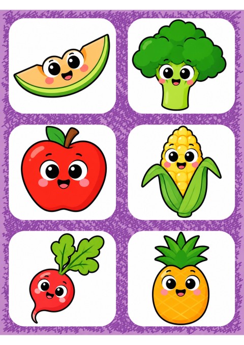 Eğlenceli Sebze ve Meyve Kartları: 6 Adet Renkli Çizim - 1 Melon, 1 Brokoli, 1 Elma, 1 Mısır, 1 Turp, 1 Ananas