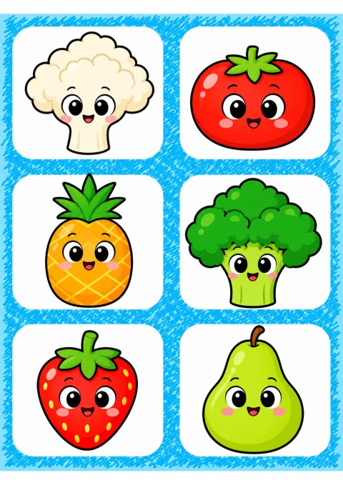 Renkli Sebze ve Meyve Karakterleri: 1 Brokoli, 1 Domates, 1 Ananas, 1 Brokoli, 1 Çilek, 1 Armut