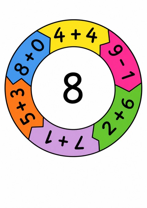 Matematik Problemleri ve İşlemleri Çemberi: 8 (Sekiz) - 4+4, 9-1, 2+6, 3+5, 8+0, 6×2, 5-3, √4