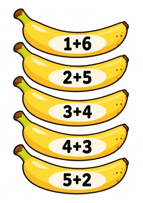 Matematiksel Toplama İşlemleri ve Muzlarla Görselleştirilmiş Sayılar: 1+6, 2+5, 3+4, 4+3, 5+2