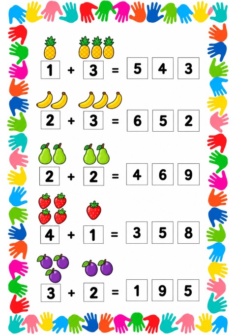 Renkli El İzleri ile Eğlenceli Matematik Problemleri: Toplama İşlemleri ve Meyve İllüstrasyonları